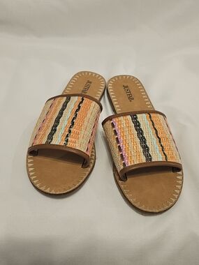 JustFab Tan Slide Sandals with Multicolor Woven Strap